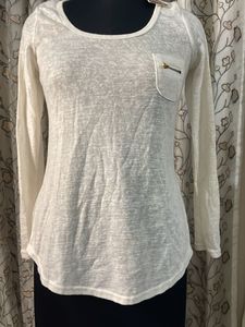 White Long Sleeve Top with Pocket Detail