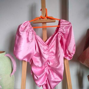 Pink Ruched Satin Puff Sleeve Top