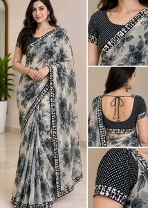 Elegant Floral Print Saree with Polka Dot Blouse