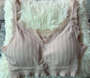 Peach Lace Trim Ribbed Bralette