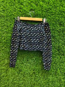 Off-Shoulder Ditsy Print Long Sleeve Crop Top