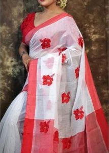 Elegant White & Red Floral Saree