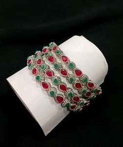 Set Of 4 Oxidised Pink &amp; Green Stone Bangles (2.4)