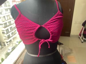 Boho Pink Tie-Front Crop Top Blouse
