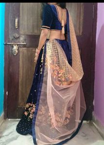 Navy Blue Velvet Lehenga with Peach Dupatta