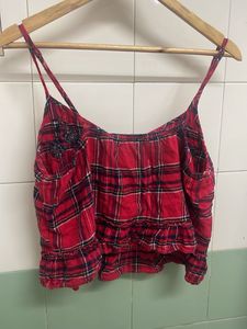 Red Plaid Cami Top with Ruffle Hem