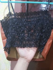 Leather Crop Top With Lace Work In Back
