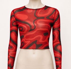 Sheer Red & Black Swirl Print Mesh Top