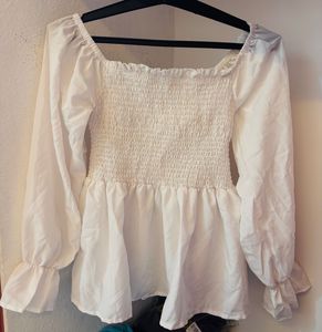 White Off-the-Shoulder Smocked Peplum Top