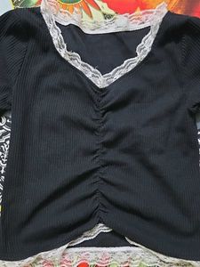 Lace Trim Ruched V-Neck Top