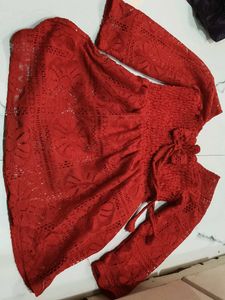 Red Crochet Bell Sleeve Top