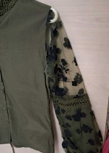 Stylish Olive Green Top with Black Floral Sleeves