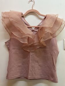 Ruffled Sheer Neckline Top