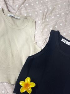 Zara Ribbed Crop Tank Tops Set  - Black &amp; Beige