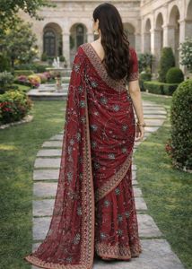Elegant Maroon Embroidered Saree