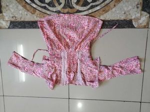 Pink Floral Smocked Ruffle Top with Side Tie