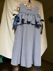 Korean Style Blue Gingham Cold Shoulder Dress