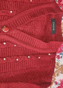 Elegant Red Cardigan with Pearl Accents