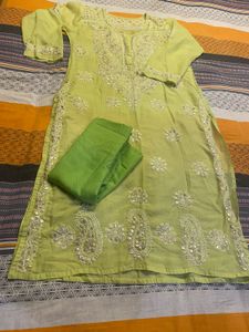 Lime Green Chikankari Kurta Set with matching lini