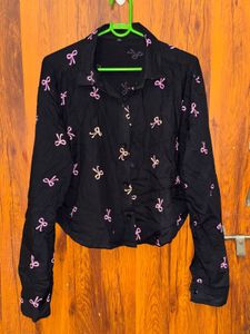 Black Bow Print Button-Up Shirt