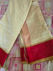 Elegant Cream &amp; Red Saree with Free Necklace