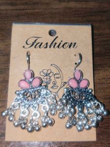 Pink Floral Oxidised Silver Jhumka Earrings