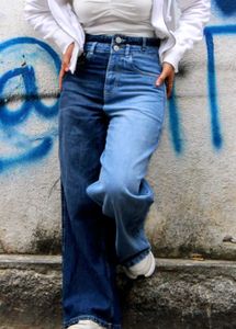 Two-Tone Wide Leg Denim Jeans