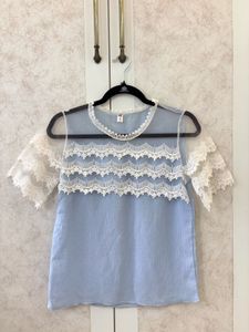 Chic Lace Trimmed Blue Top