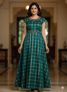 Elegant Green Plaid Ethnic Gown