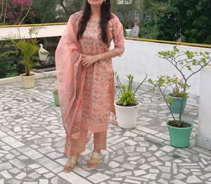 Peach Heavily Embellished Organza Suit Set