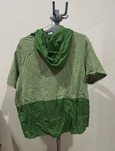 Green Striped Hooded Short Sleeve Top