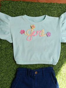 Cute Mint Ruffle Sleeve Top &amp; Denim Shorts Set
