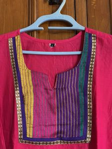 Vibrant Pink Kurta with Embellished Neckline