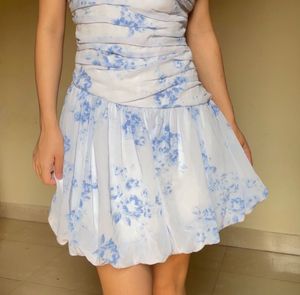 Blue Floral Ruched Mini Dress