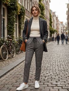 Grey Plaid Zip Front Pants