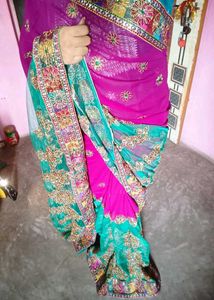 Fancy Teal &amp; Pink Saree with readymade Blouse