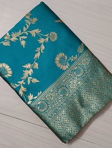 90)Elegant Teal Saree with Gold Brocade
