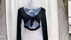 36209. Chic Black Tie-Front Cutout Top