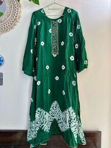Bottle Green Bandhani Anarkali suit set &amp; palazzo