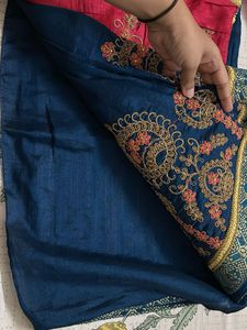 Embroidered Teal Saree with Pink Blouse