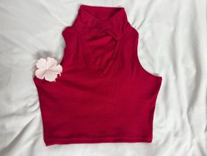 Burgundy Red Ribbed Polo Crop Top 🌸