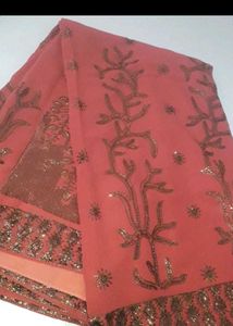 Beautiful Embroidered Coral Saree