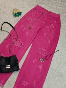 Y#k Aesthetic Hot Pink Ripped Denim Jeans