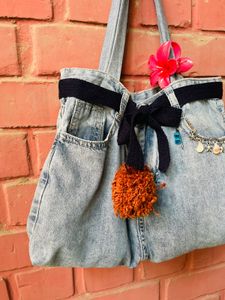 Unique Denim Tote Bag with Pom-Pom
