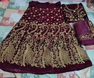 Elegant Velvet Peacock semi stitched Lehenga Set