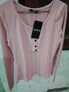 Pink Ribbed Button-Up Long Sleeve Top