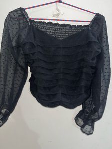 Chic Black Ruffle Sheer Sleeve Top