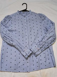 Blue Polka Dot Button-Up Blouse
