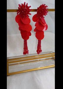 Stunning Red Beaded Tassel Earrings