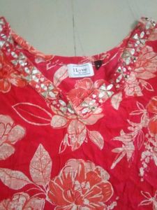 Red Floral Kurta with Embellished Neckline